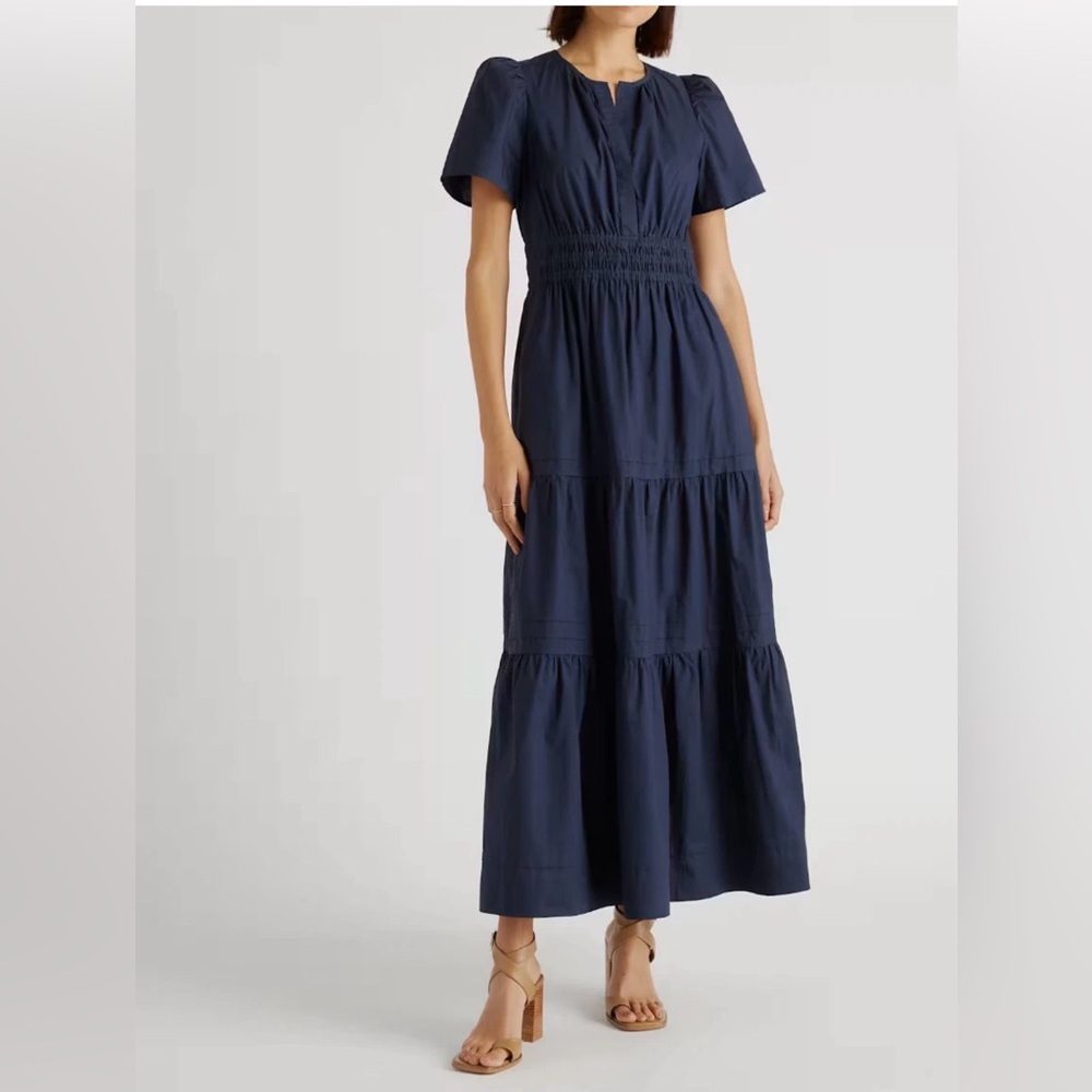 NWT NEW Quince 100% Organic Cotton Tiered Maxi Dress Navy Extra Small